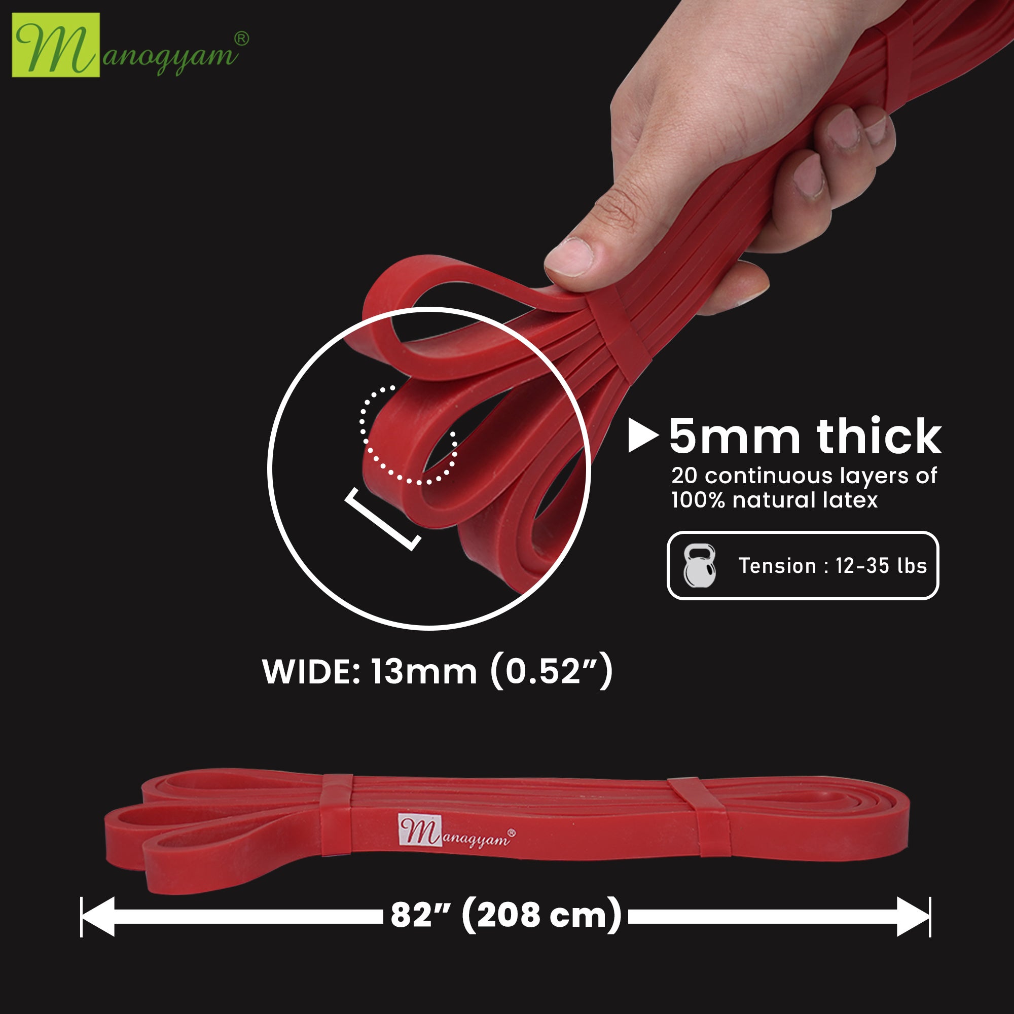 Manogyam 13 mm Thick Power Resistance Band for Strength Training (Red)